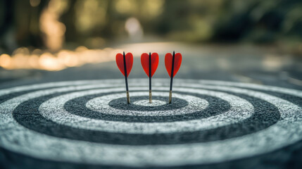Three red arrows hitting bullseye on target, symbolizing success and precision. blurred background adds sense of focus and achievement