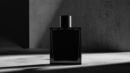 Black perfume bottle on a textured surface, lit by dramatic light.
