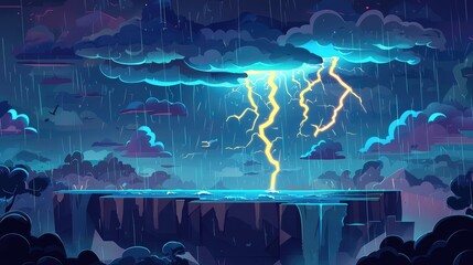 Stormy Night Landscape with Lightning Striking Over a Waterfall