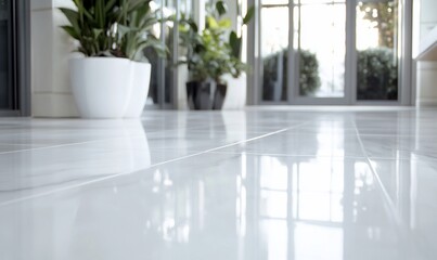 Fototapeta premium Bright indoor space with polished tiles and potted plants.