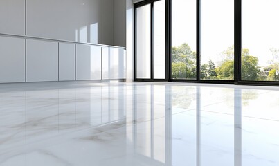 Fototapeta premium Bright, modern interior with glossy marble floor and large windows.