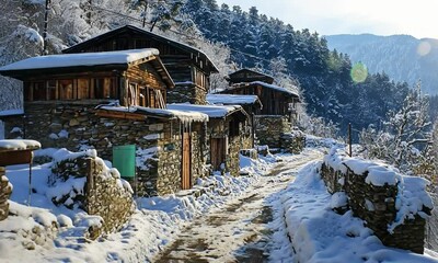 Scenic Winter Village Landscape with Snow-Covered Stone Houses, Serene Pathway, and Majestic Mountain View Under Clear Blue Sky - Powered by Adobe