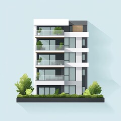 Modern apartment building with balconies, greenery, and a long shadow, illustrated in a flat style.