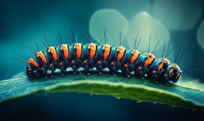 Vibrant orange and blue caterpillar on a leaf.