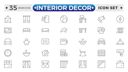 Home interior and furniture elements - thin line web icon set. Outline icons of kitchen, living room, bedroom and office collection. Simple vector illustration. Editable stroke outline icon. 
