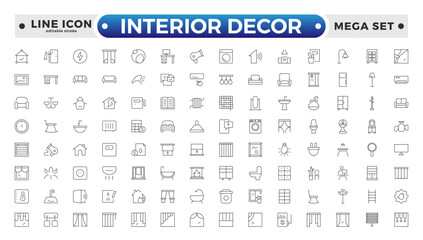 Home interior and furniture elements - thin line web icon set. Outline icons of kitchen, living room, bedroom and office collection. Simple vector illustration. Editable stroke outline icon. 
