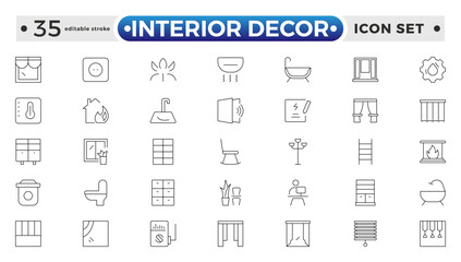 Home interior and furniture elements - thin line web icon set. Outline icons of kitchen, living room, bedroom and office collection. Simple vector illustration. Editable stroke outline icon. 
