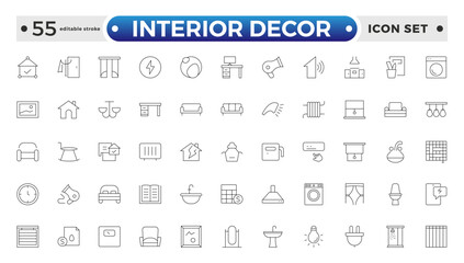 Home interior and furniture elements - thin line web icon set. Outline icons of kitchen, living room, bedroom and office collection. Simple vector illustration. Editable stroke outline icon. 
