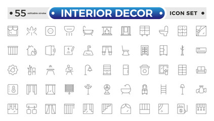 Home interior and furniture elements - thin line web icon set. Outline icons of kitchen, living room, bedroom and office collection. Simple vector illustration. Editable stroke outline icon. 
