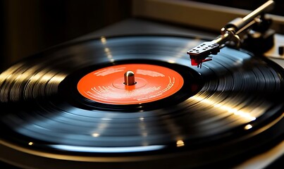 A close-up of a vinyl record on a turntable, showcasing its spinning motion.