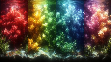 Obraz premium Stunning Underwater Coral Reef Spectrum Display in Rainbow Colors: Vibrant Red, Orange, Yellow, Green, Blue, Purple Marine Scene with Lush Aquatic Beauty