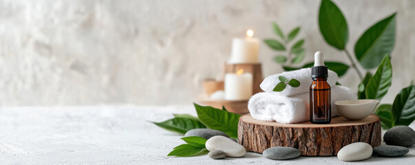 Relaxing spa setup with essential oil, towels, stones, and candles, creating serene atmosphere for wellness and rejuvenation