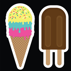Ice Cream Cone with sprinkles and a fudge chocolate ice pop on a stick.