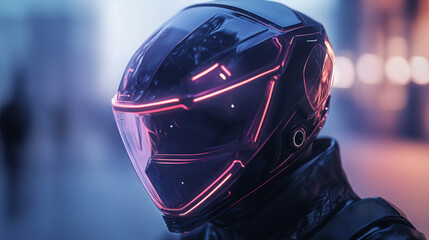 Fototapeta premium Futuristic helmet design with neon accents in an urban setting at dusk