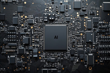 Fototapeta premium Circuit Board CPU Microchip Starting AI Visualization of Neural Networking. Digital connectors CPU