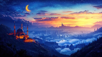 Sunset over majestic mosque istanbul digital art serene landscape panoramic view tranquility