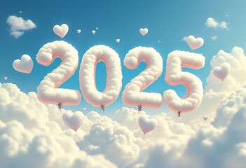 Fototapeta premium Cloud Balloons of 2025: A Dreamy, Romantic New Year's Image