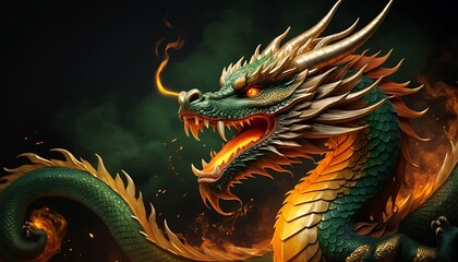Fierce Chinese Dragon Exhaling Fire Against Dark Background. Generative AI