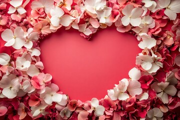 Romantic Heart Shape Frame Made of Red and Pink Flower Petals on a Solid Red Background for Valentine's Day Celebrations and Love-themed Decorations