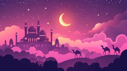 Majestic camel caravan at twilight near historic mosque desert landscape ethereal viewpoint