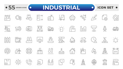 Industrial factories outline icons set. Factory icon illustration. Industry power, chemical manufacturing building warehouse nuclear energy plant. Pack of renovation. Editable stroke outline icon. 