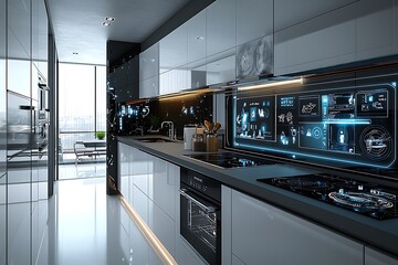 A sophisticated kitchen with sleek, smart technology and a touch-panel interface, where the oven, dishwasher, and fridge can all be controlled remotely.