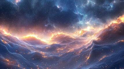 A cosmic landscape of glowing energy waves and sparkling cosmic dust particles.