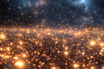 A cosmic landscape of infinite stars and glowing dust particles scattered in space.
