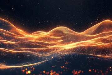 A cosmic landscape of shimmering energy waves and radiant particles on a dark background.