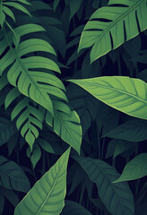 Fototapeta premium Illustration of green nature leaves in the jungle -perfect for wallpaper, detailed, with white tones