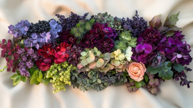Jewel tone flowers with purple hydrangea and mixed bloom on fabric - Powered by Adobe