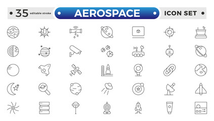 Aerospace icon of science observatory, satellite and rocket .space and planet outline Icons, thin line style. Contains such Icons as space, planet, alien, solar, stars.  Editable stroke outline icon. 