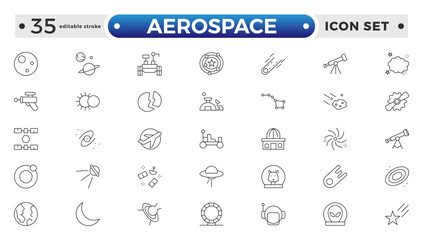 Aerospace icon of science observatory, satellite and rocket .space and planet outline Icons, thin line style. Contains such Icons as space, planet, alien, solar, stars.  Editable stroke outline icon. 