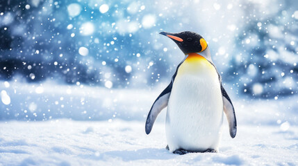 Obraz premium majestic emperor penguin stands in snow, surrounded by falling snowflakes, showcasing beauty of winter wildlife. This serene scene captures essence of snowy landscape