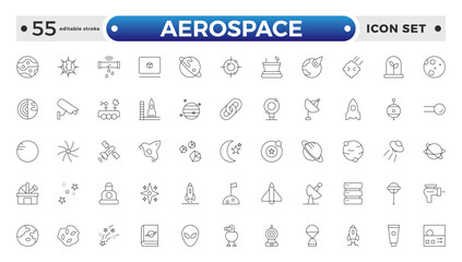 Aerospace icon of science observatory, satellite and rocket .space and planet outline Icons, thin line style. Contains such Icons as space, planet, alien, solar, stars.  Editable stroke outline icon. 