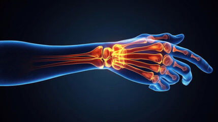 realistic depiction of human hand and wrist, highlighting bones and joints with glowing effects, showcasing anatomical details and potential pain areas