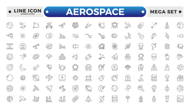 Aerospace icon of science observatory, satellite and rocket .space and planet outline Icons, thin line style. Contains such Icons as space, planet, alien, solar, stars.  Editable stroke outline icon. 