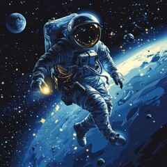 Fototapeta premium Astronaut spacewalking, Earth below, stars.