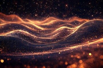 A cosmic landscape of shimmering energy waves and radiant particles on a dark background.