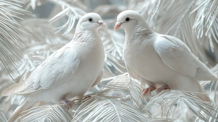 Fototapeta premium Two white doves perched on pale foliage, creating a serene, ethereal atmosphere.