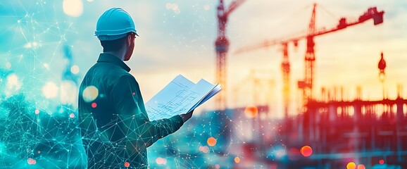 A construction worker reviewing blueprints at a building site during sunset.