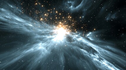 A cosmic void filled with radiant energy streams and glowing cosmic dust particles.