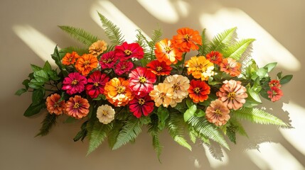 Bright zinnias and ferns on taupe background with natural light