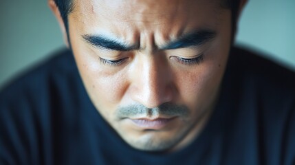 Obraz premium A contemplative man with furrowed brows, lost in thought or reflection.