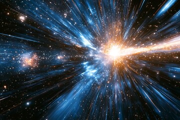 A cosmic void with endless energy streams and distant star clusters in motion.