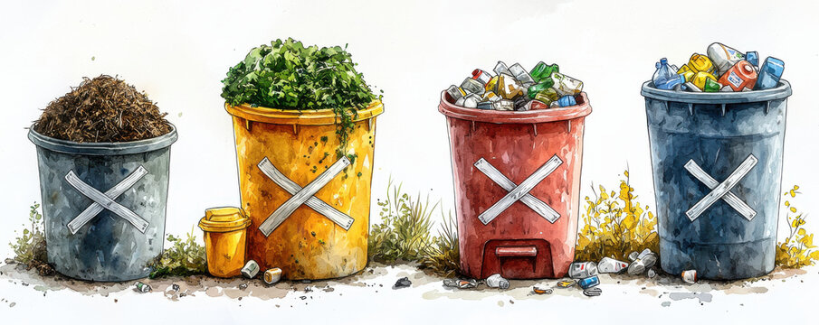 Four waste bins for compost, organic, recyclable, and non recyclable waste, marked with X signs