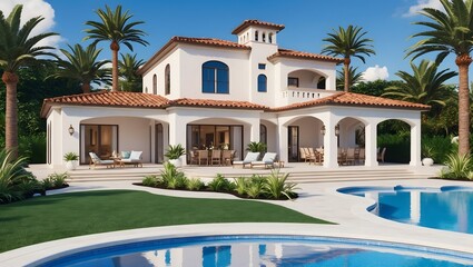 Fototapeta premium Middle Eastern - Mediterranean style luxury house with swimming pool and large garden. Ai Generative.