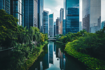 Urban Oasis: Skyscrapers Mirrored in a Lush Canal