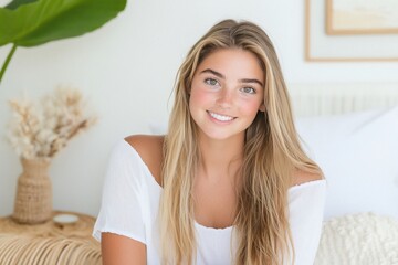Naklejka premium A smiling young woman with long hair in a bright, cozy setting.