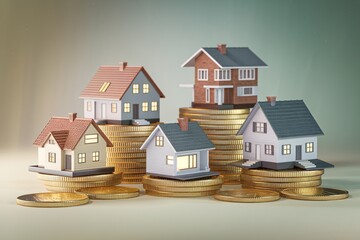 Miniature Houses on Stacks of Coins, Real Estate Investment Concept, Property Market Growth, Financial Planning, Mortgage and Housing Market, Wealth Building, Real Estate Financing, Property Value Rep